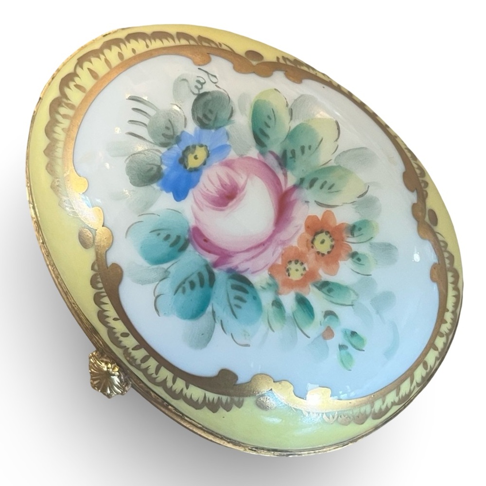 Decor Main Limoges Egg Shaped Trinket Box Yellow Floral Gold Accent Brass Latch